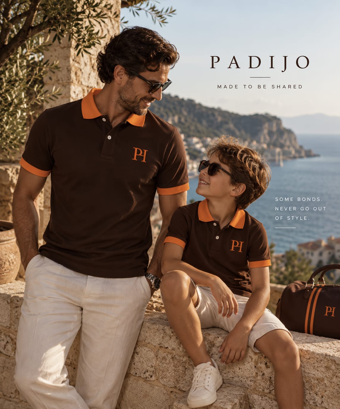 PADIJO — vader en zoon in bijpassende kleding aan de Mediterrane kust